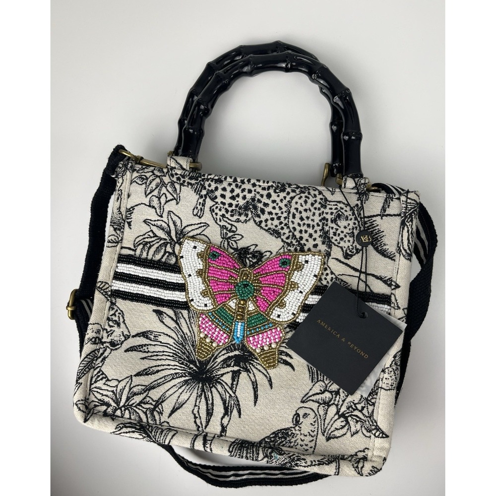 America & Beyond Forbidden Tote Handbag Beaded Butterfly Bamboo Handle Strap NWT